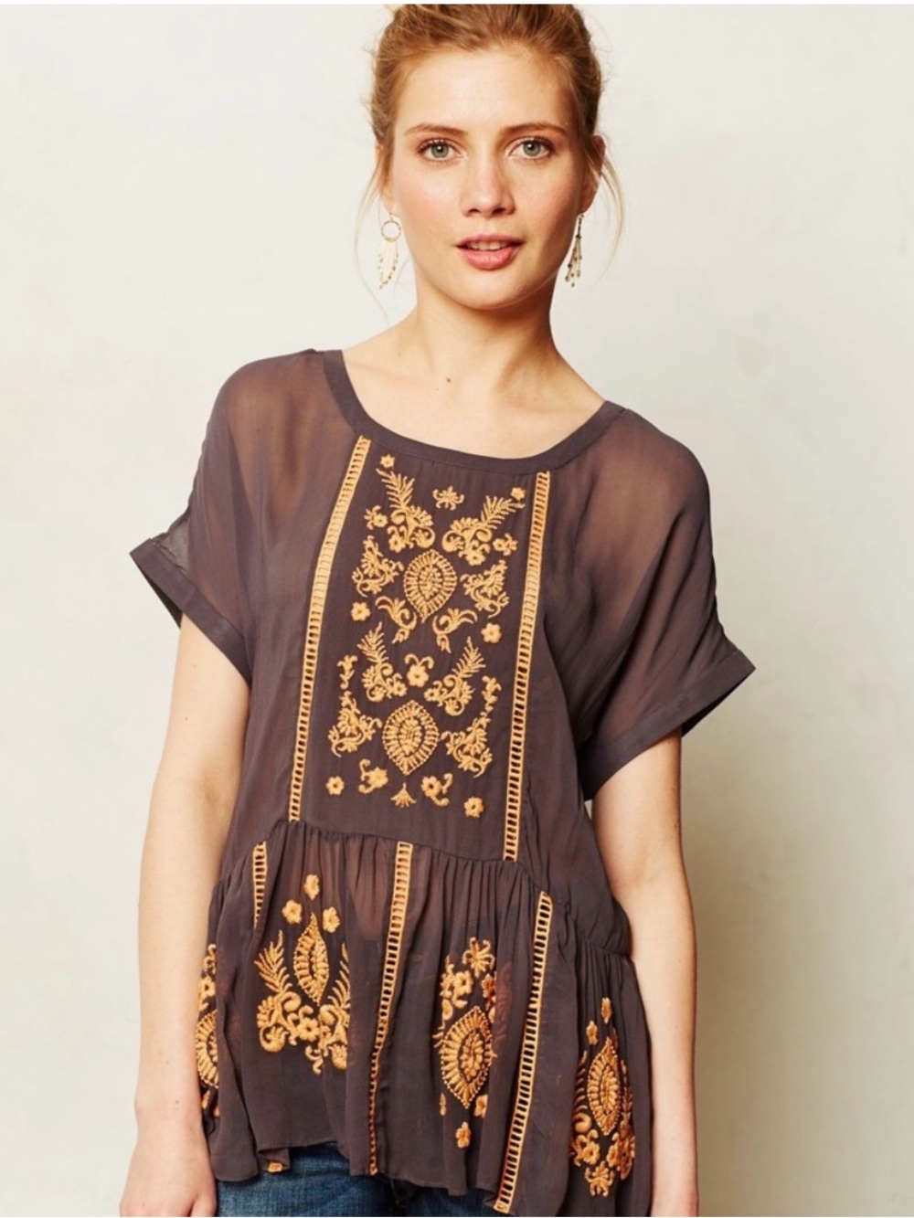 Vanessa Virginia for Anthropologie Antala Brown Orange Embroidered Peplum Top L
